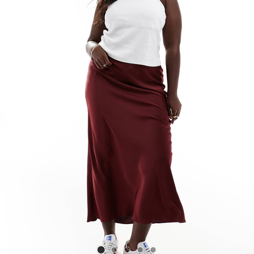 ASOS DESIGN Curve Satin Boas Midi Skirt in Burgundy